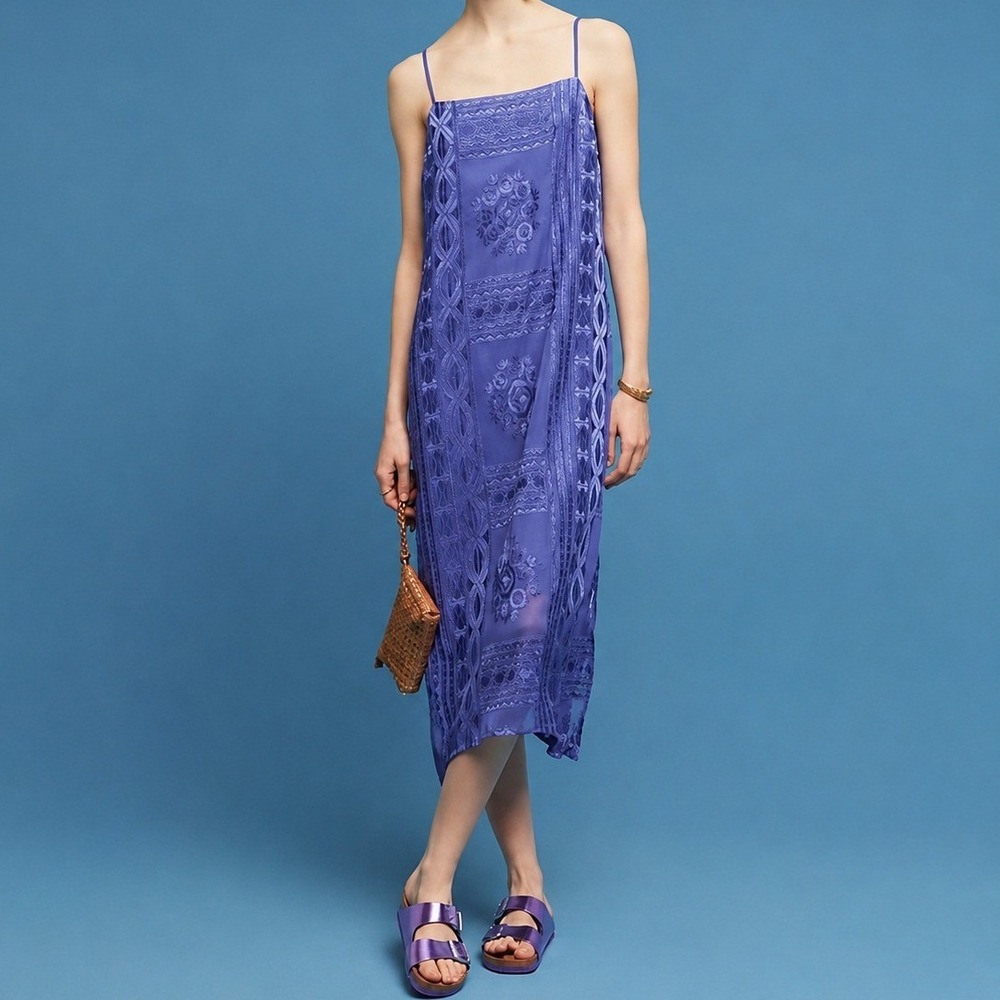 Anthropologie Floreat Embroidered Luna Slip Midi Dress Cornflower Blue Large - Picture 2 of 12
